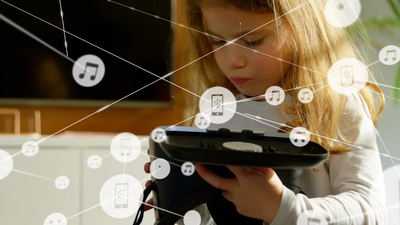 animación de la red de conexiones con iconos sobre la niña con auriculares