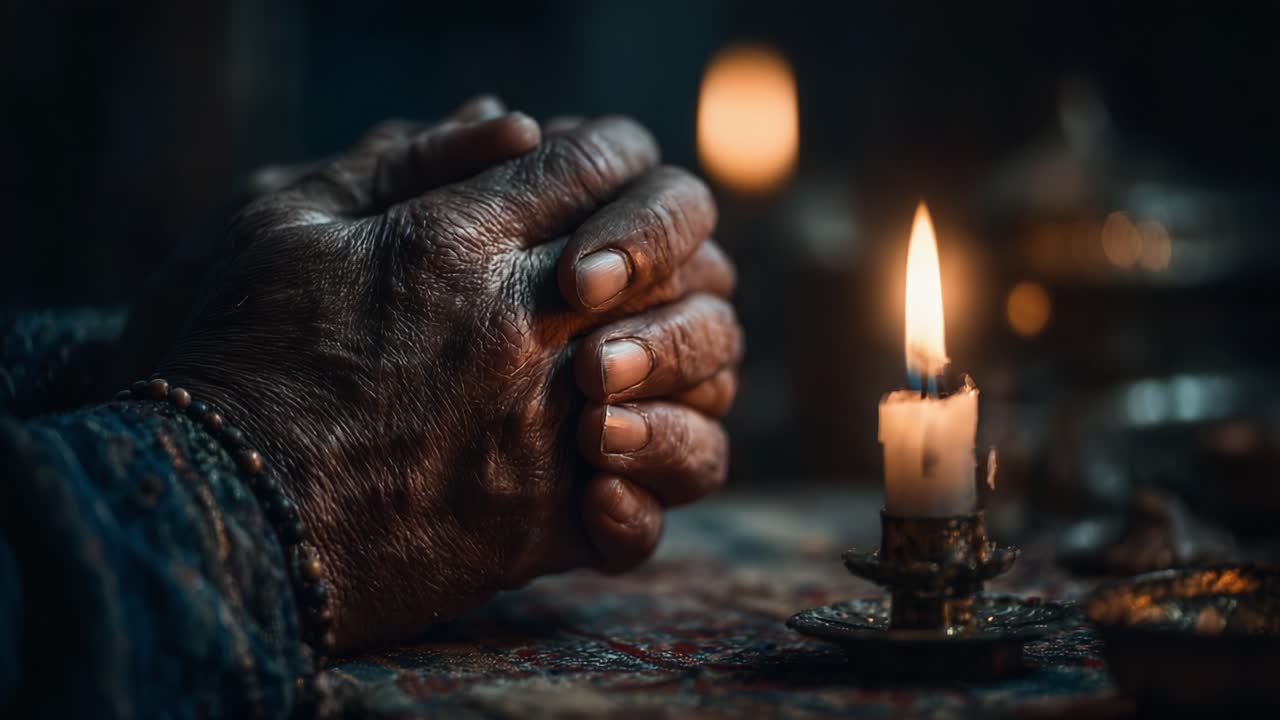 A Solemn Moment of Reflection: The Contemplative Hands of an Elder Clasped Together in Prayer, Illuminated by the Flickering Flame of a Candle