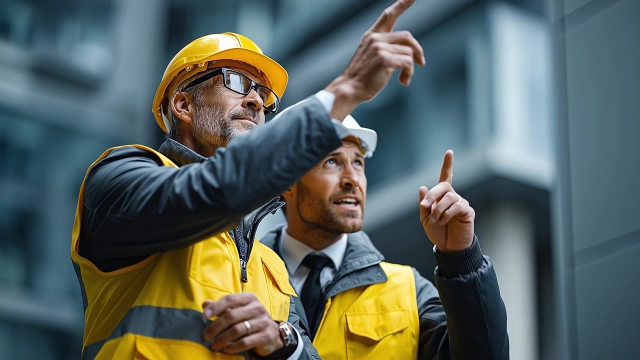 Two professional construction engineers in safety gear looking up at a modern building project site