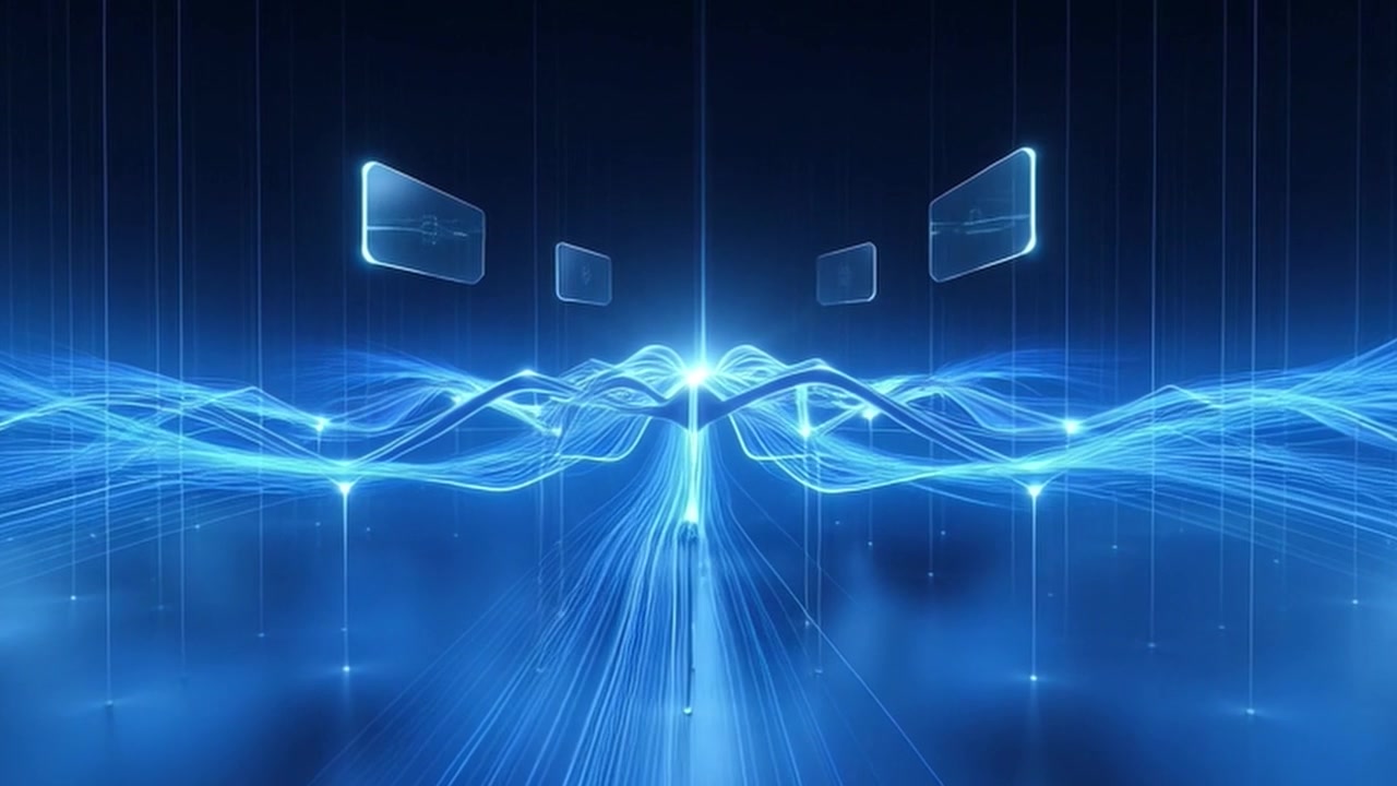 Abstract Digital Network Visualization with Glowing Data Streams and Floating Icons