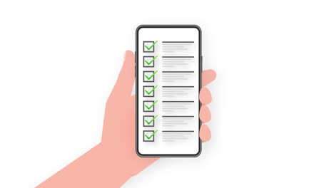 sostiene el teléfono de mano con lista de comprobación en la pantalla sobre fondo verde. gráficos de movimiento.