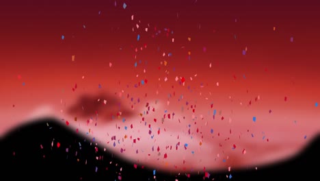 animation of multi coloured confetti falling over red background