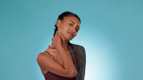 fitness, hand or sports woman with neck pain