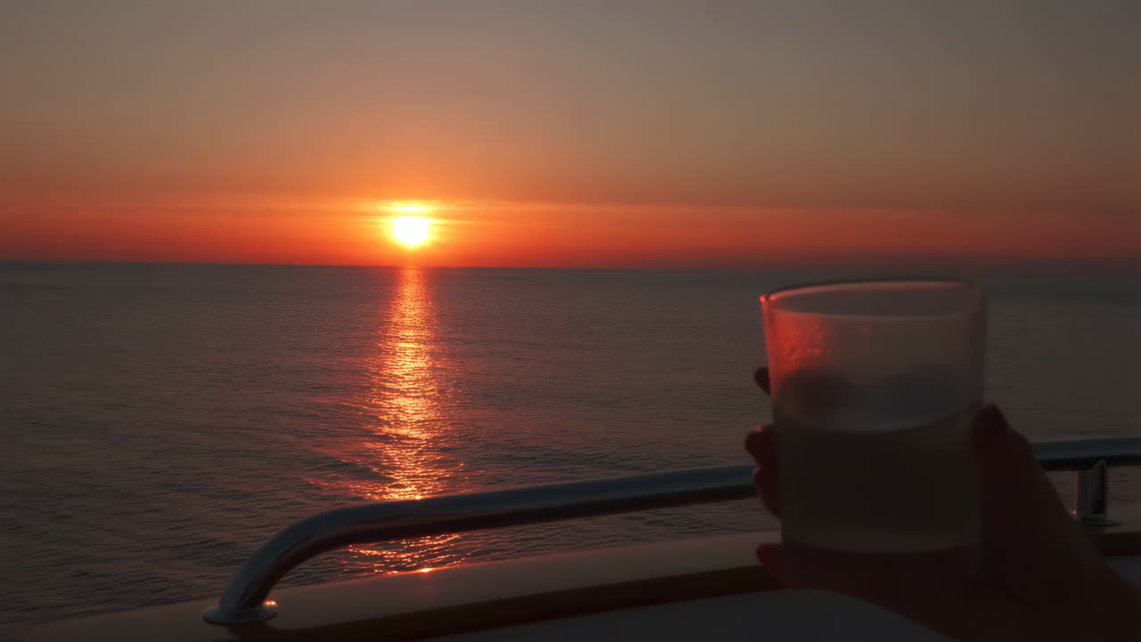 Person enjoying a drink while watching a beautiful sunset over the ocean from a boat