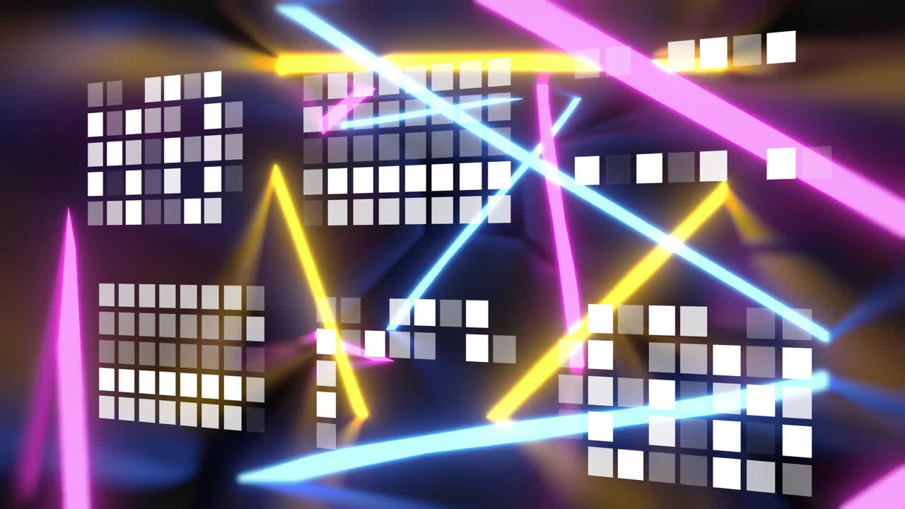 Neon light beams criss-crossing over semi-transparent square grids in animated illustration