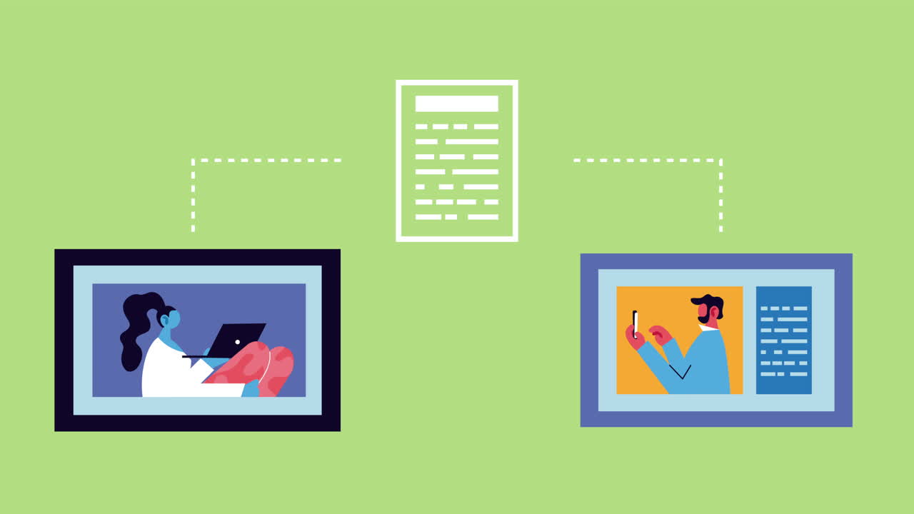 young couple communicating in tablets characters