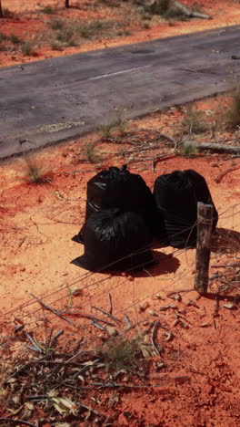 garbage bags on the side of a dirt road in the australian outback