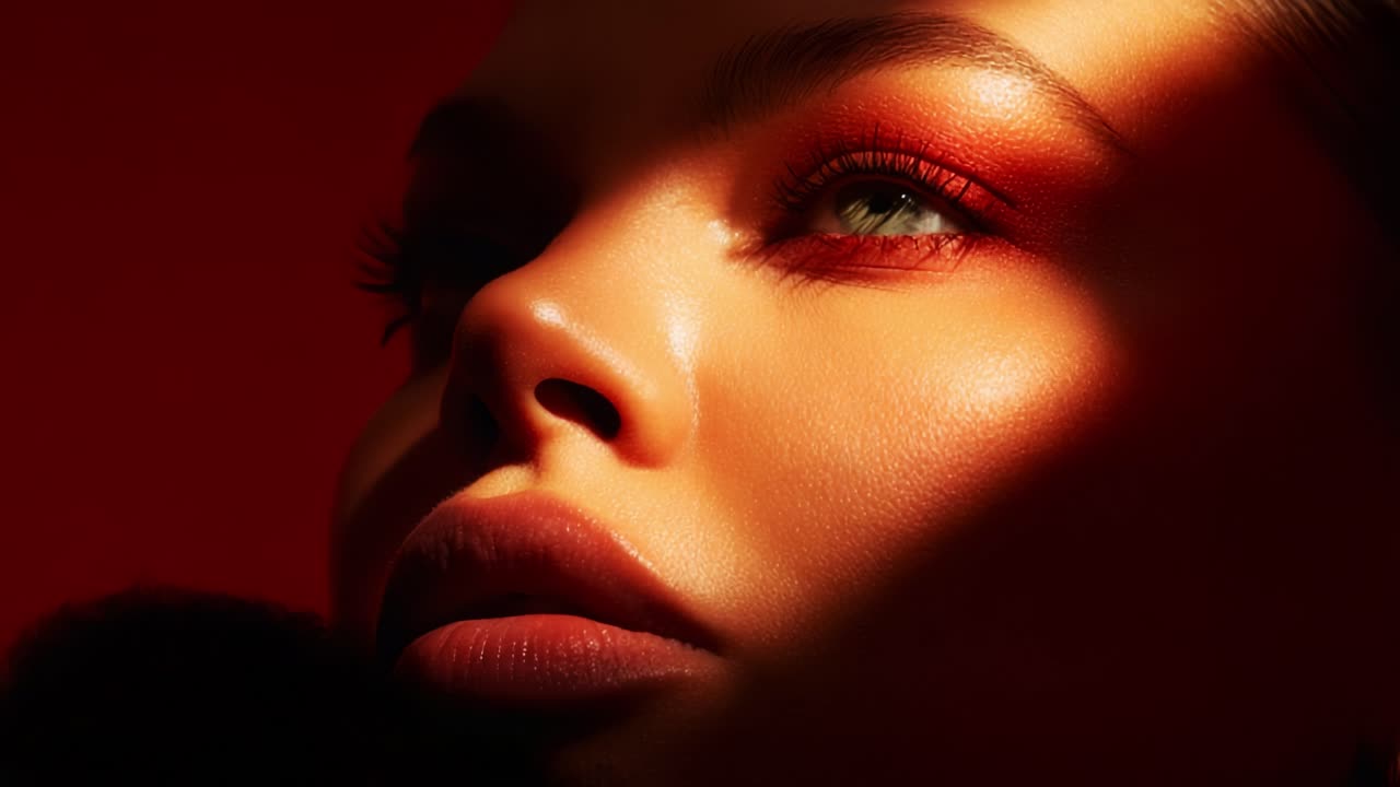 A captivating close-up of a model showcasing stunning makeup with bold red eyeshadow and luscious lips, beautifully illuminated by dramatic lighting against a rich backdrop