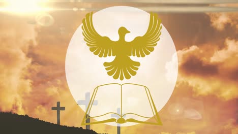 animation of bible over three christian crosses and orange clouds