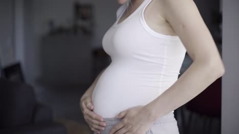 Happy-mother-touching-belly-and-talking-with-child