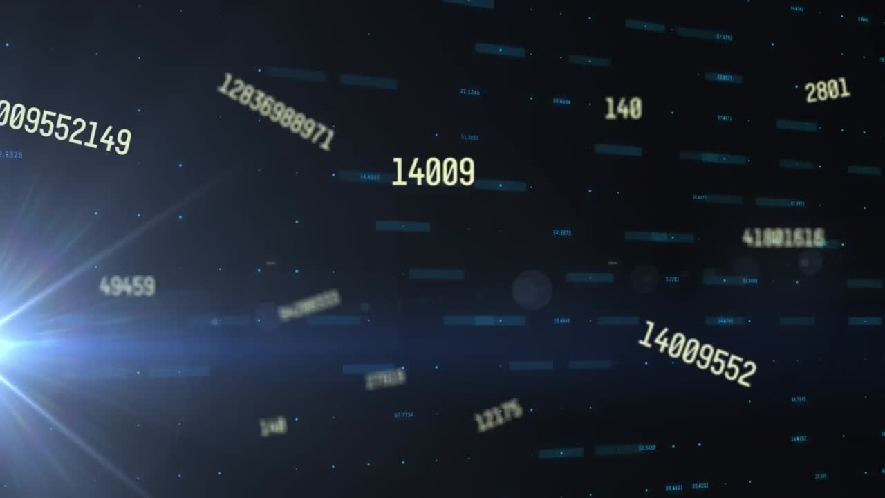 Animation of numbers and data processing over dark background