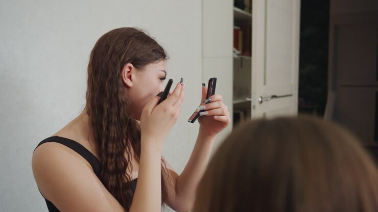 Donna che si abbellisce, donna caucasica che si trucca, tranquilla routine mattutina di una donna che si prepara per la giornata, applicazione delicata del make-up da parte di una donna in bagno durante un momento mattutino di pace