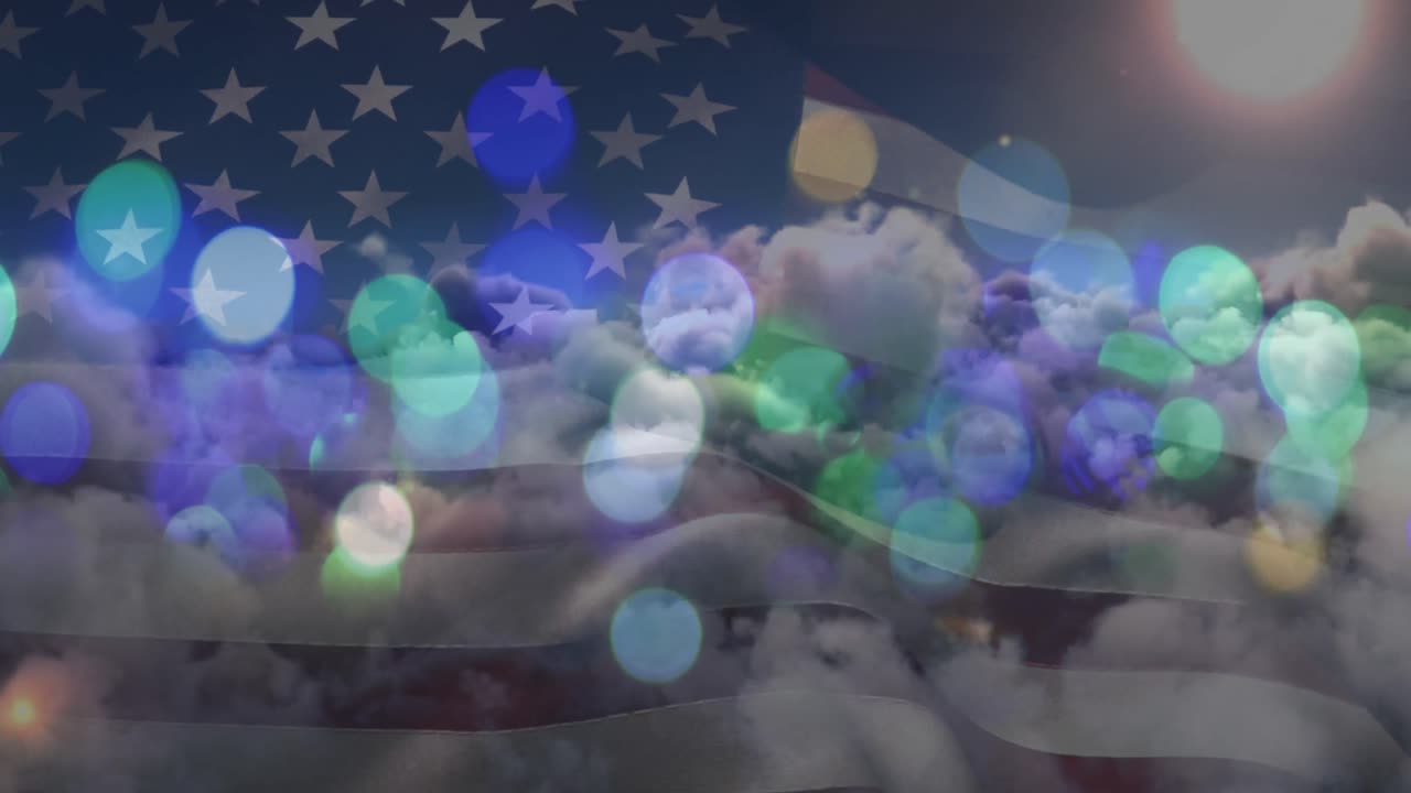 Animation of glowing spots over sky with clouds and american flag