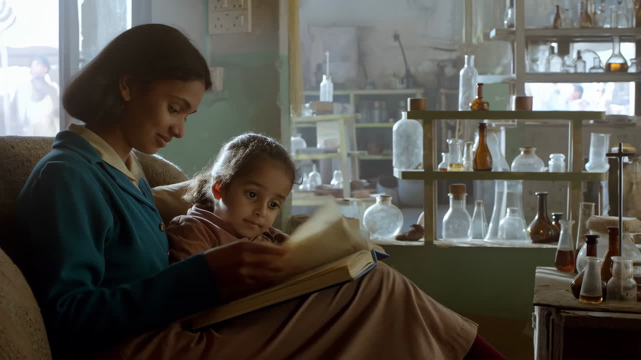 Woman and young girl reading a book together in a room with vintage scientific glassware