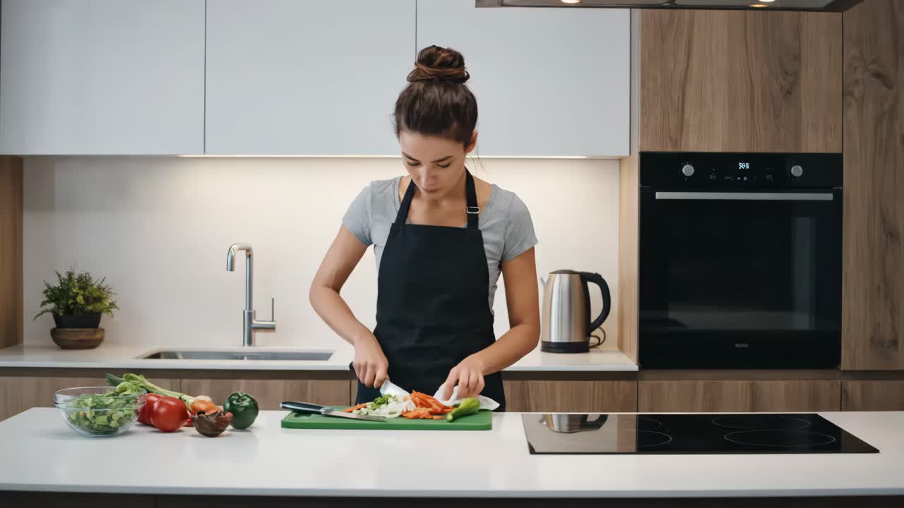 Donna che cucina in una cucina moderna con un'app di ricette digitale