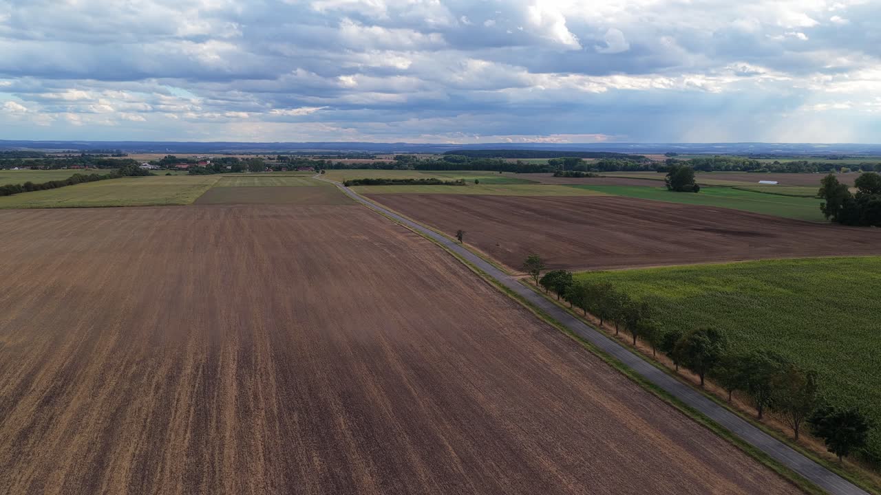 Ackerfelder zur Erntezeit aus der Drohnenperspektive. Eine Baumallee säumt die Straße zwischen den Dörfern. Landschaft in der Tschechischen Republik