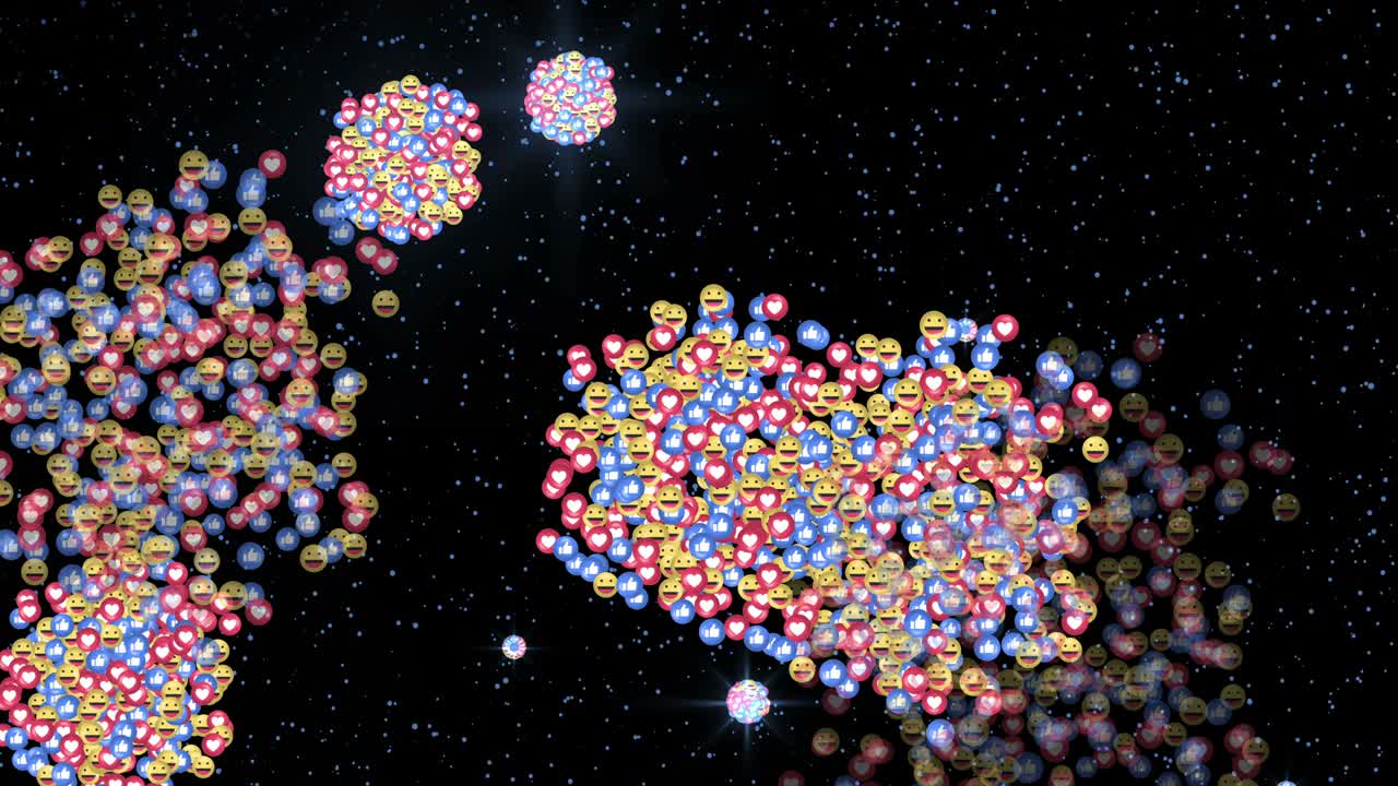 Fireworks from social media icons in lively style. Fireworks animation with loop seamless. Colorful fireworks in 4K. Fireworks icons abstraction.