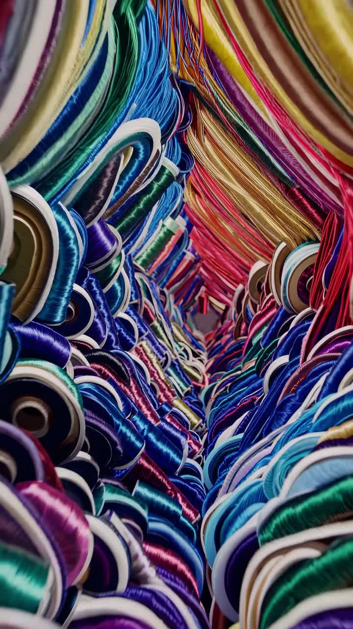 Colorful spools of thread create a vibrant tunnel effect showcasing textile artistry in motion