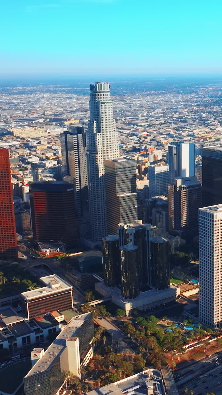 Los-Angeles city with skyscrapers. Aerial shot of modern american city. Vertical video
