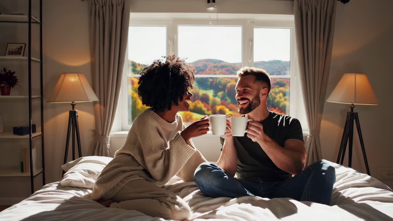 Coppia che si gode il caffè a letto in una bella mattina d'autunno