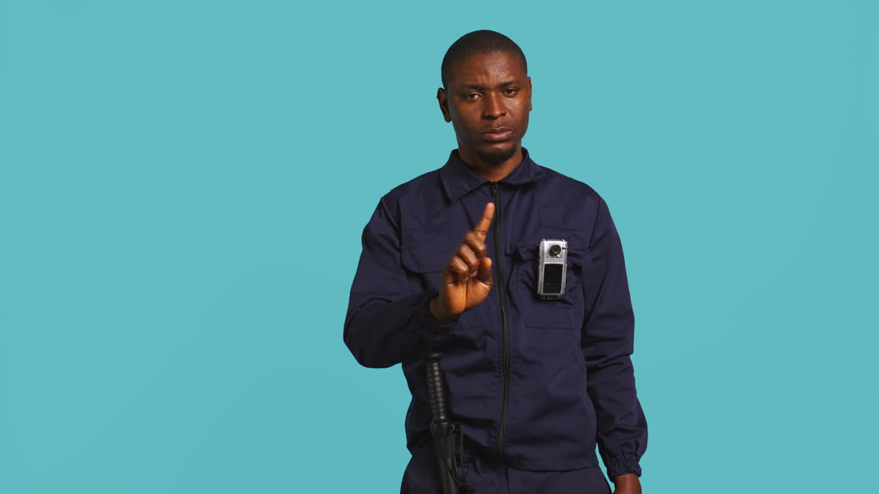 Portrait of menacing bodyguard pointing towards security body camera