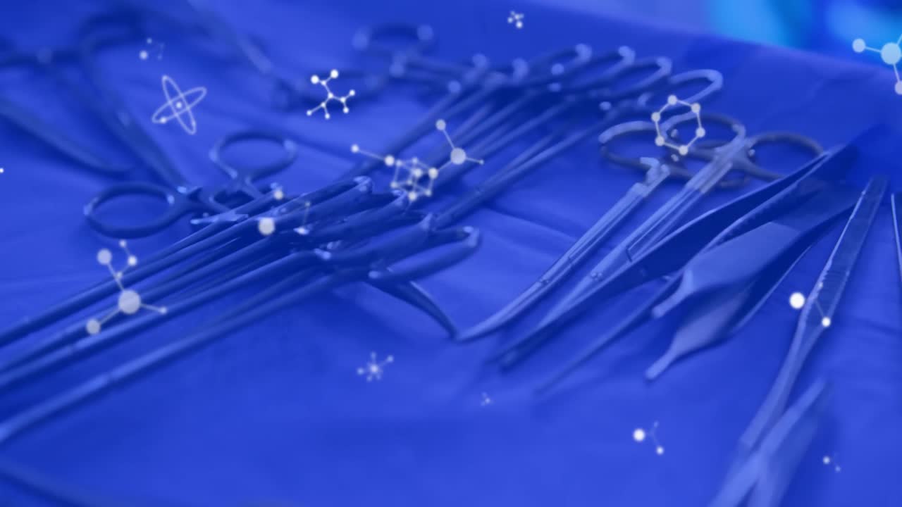 의료 장비 세트에 맞서 움직이는 분자 구조