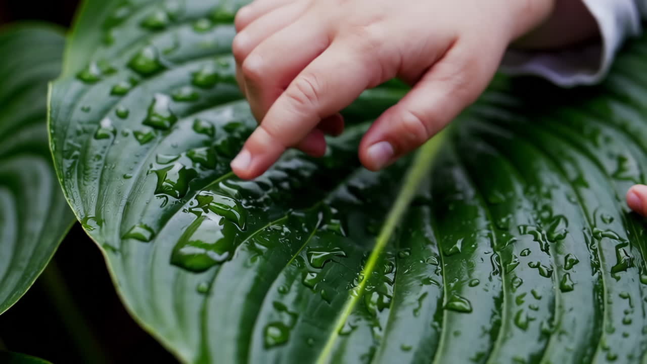 Mano di un bambino con una foglia verde bagnata e goccioline d'acqua