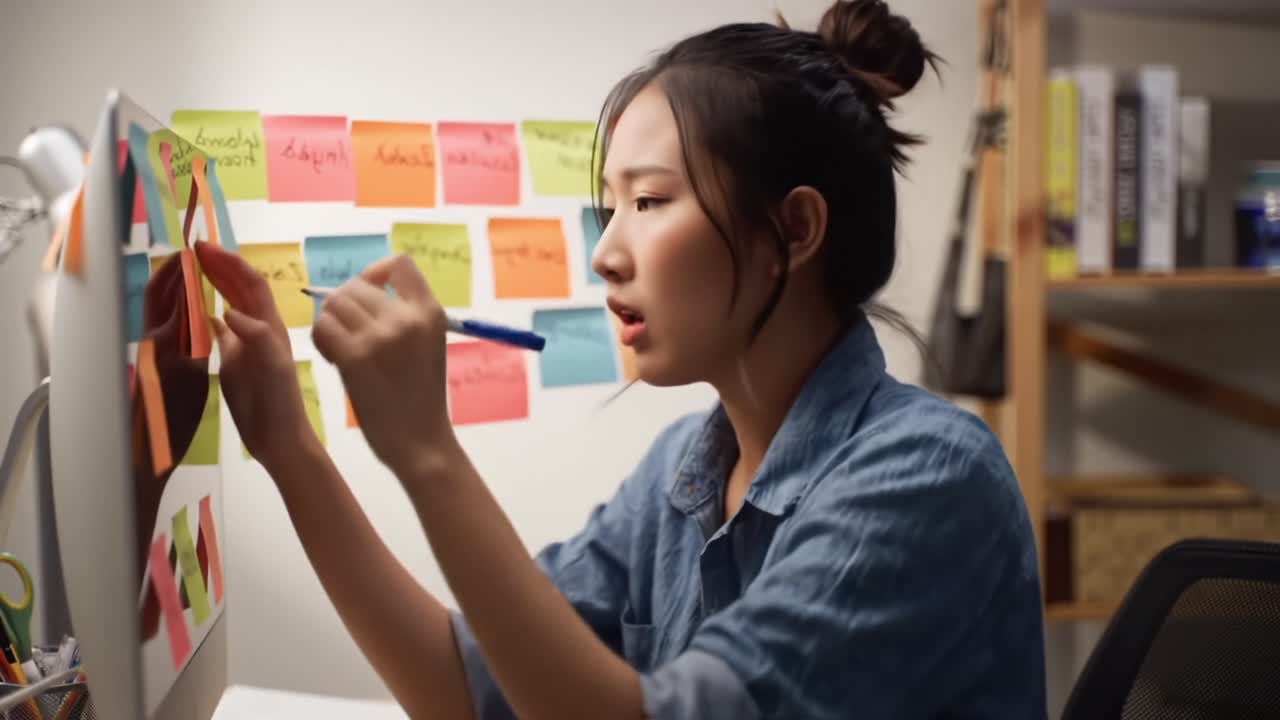 A focused individual meticulously reviews colorful sticky notes while brainstorming ideas at a desk, showcasing the creative process and organization in action