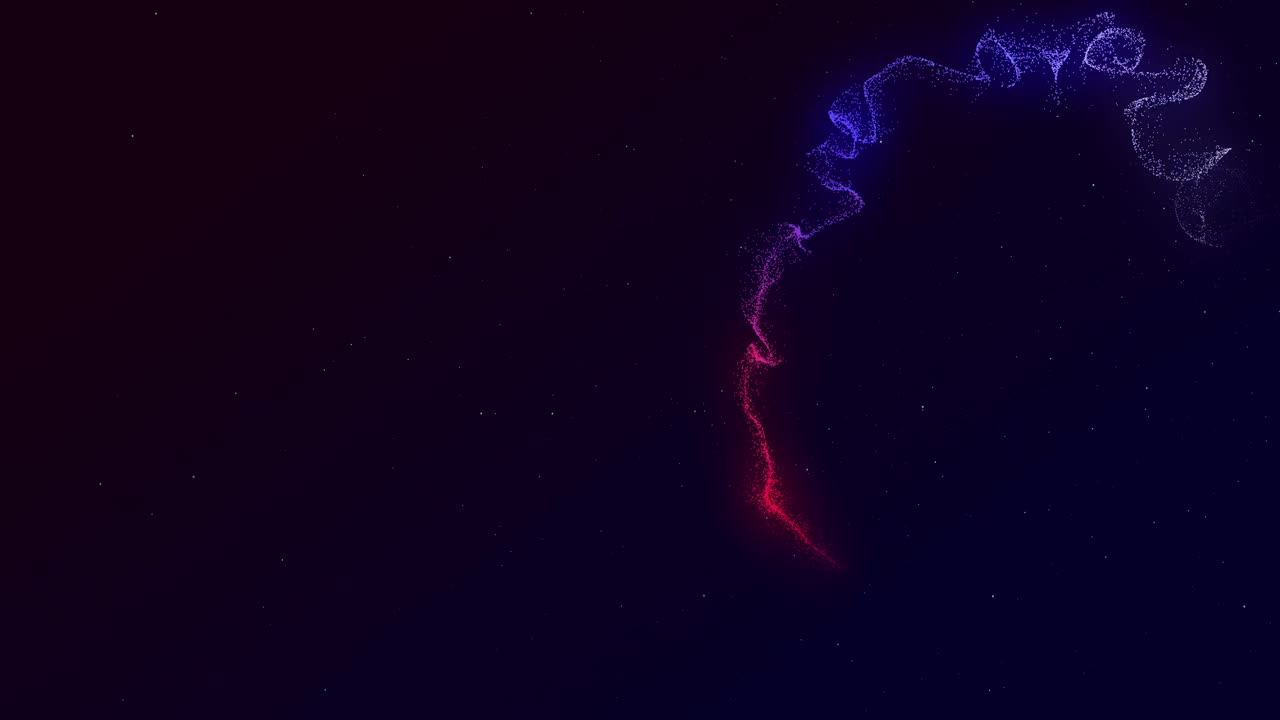Twisting light trail of glowing red and blue moving rapidly across a black background