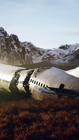 a crashed airplane in a field with mountains in the background