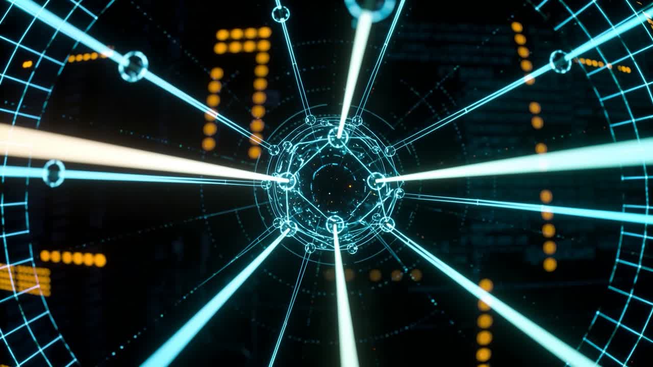 Advancing glowing cyan wireframe sphere moving toward data core on camera approach, revealing rings