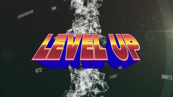 Animation of level up text over data processing on black background