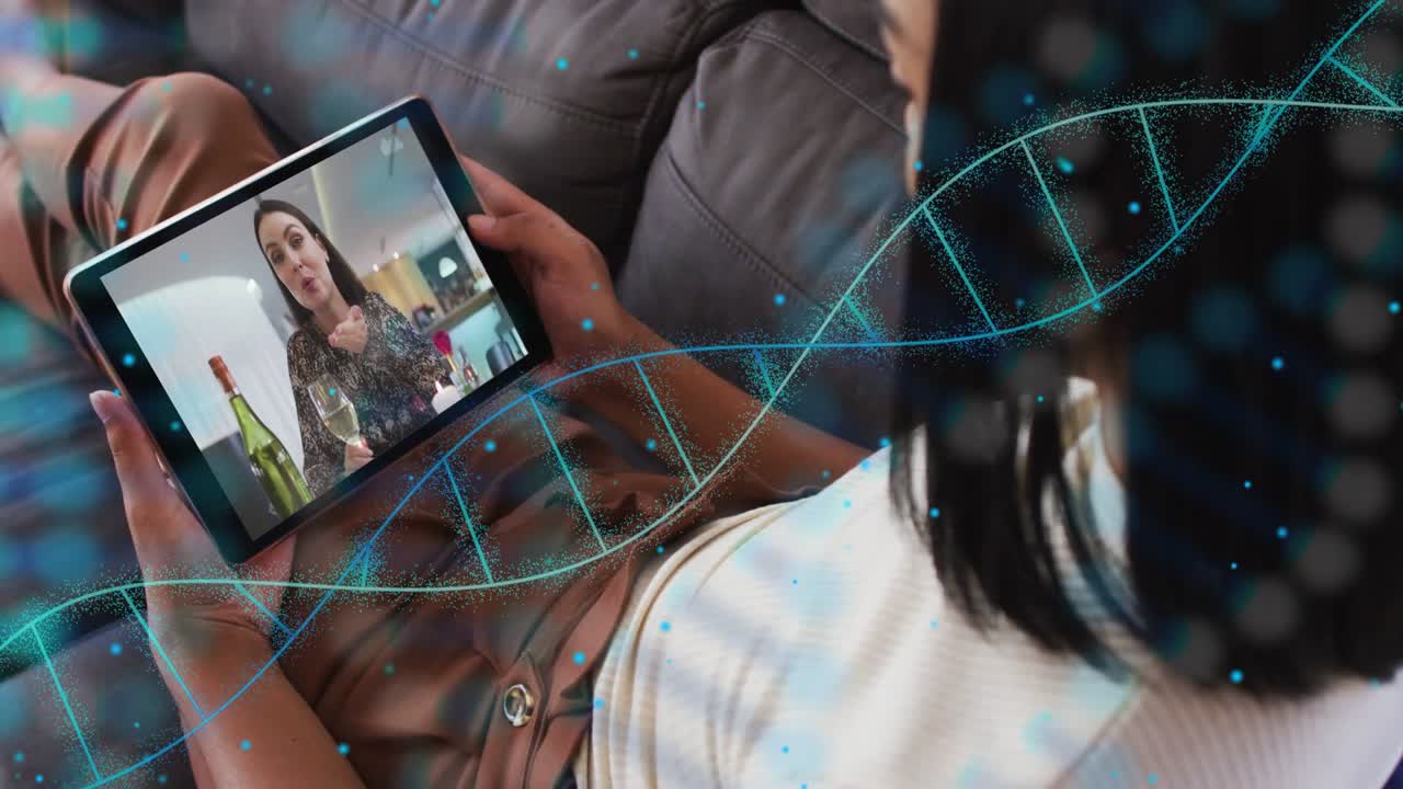 User holding tablet on couch, call connecting and helix sweeping across tablet and viewer for chat