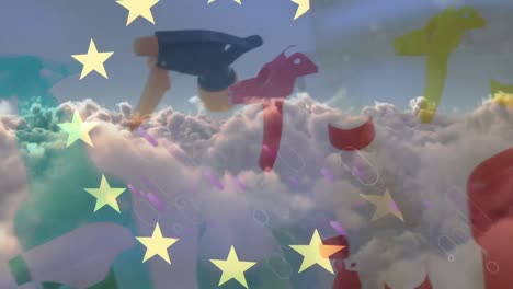 Animation-of-european-union-stars-over-clouds-and-cleaning-products