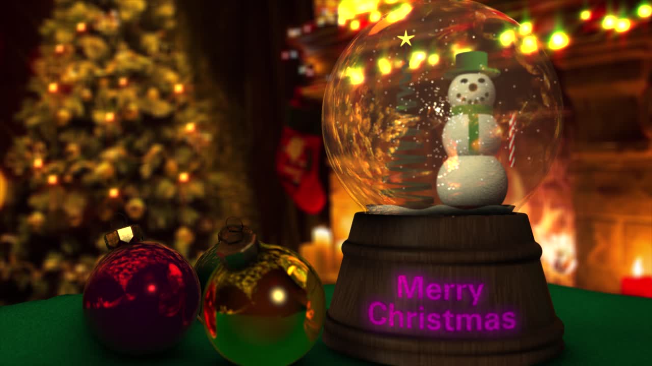 아름다운 3d cgi는 유색 보블 장식, 눈사람 스노우 글로브, 난로의 따뜻한 불, 반짝이는 크리스마스 트리와 함께 고전적인 크리스마스 장면을 렌더링합니다.