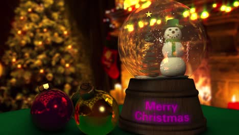 beautiful 3d cgi render of a classic christmas scene with a close up of colored bauble decorations, a snowman snow globe and a warm fire in the hearth and a twinkling christmas tree