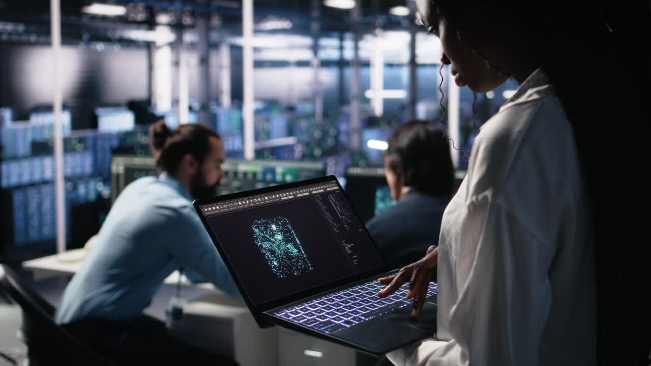 Close Up Of Data Center Technician Using Tablet To Monitor Neural Network Ai Llm