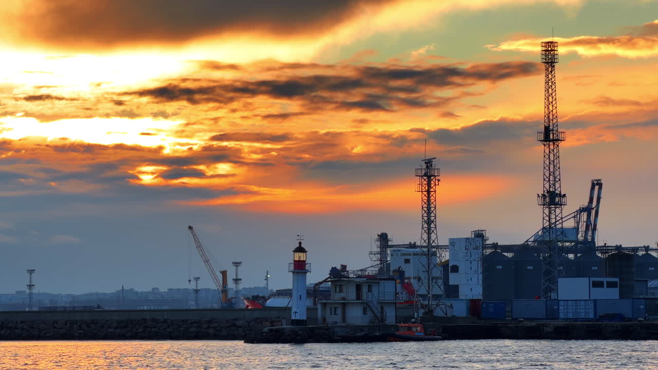 Sunset over harbor with lighthouse and industrial structures in background. Sun sets behind the harbor with a lighthouse and cranes visible