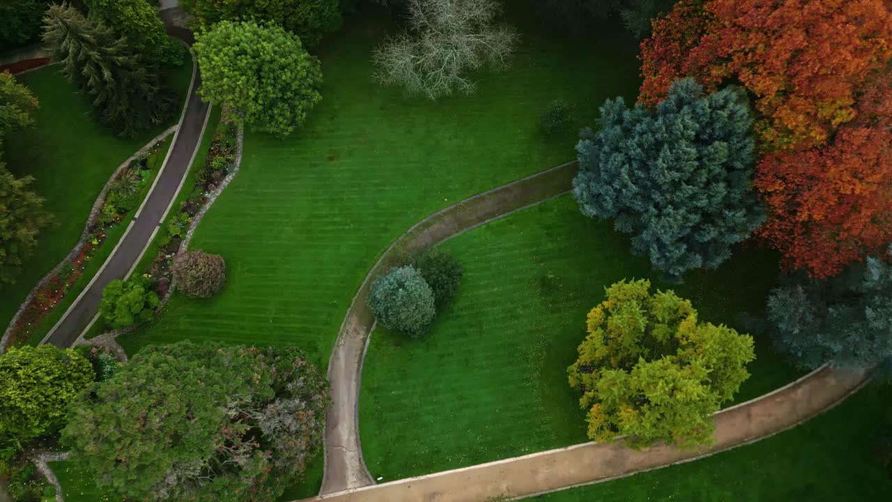 Aerial View of a Lush Green Park with Winding Paths