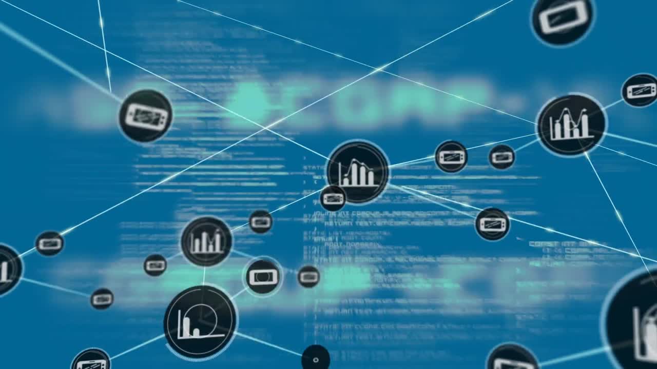 animación de la red de conexiones con iconos y procesamiento de datos