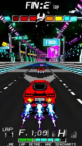 gameplay of an arcade pixel art racing game showing a red car from behind, speeding on a futuristic highway at night, with changing indicators and final laps