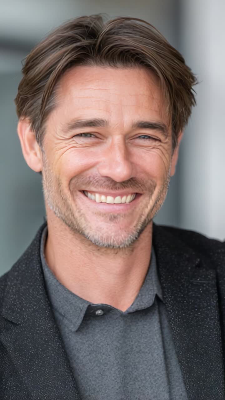 A charismatic man exuding warmth and confidence, showcasing a radiant smile and engaging demeanor, captured in a professional yet friendly setting