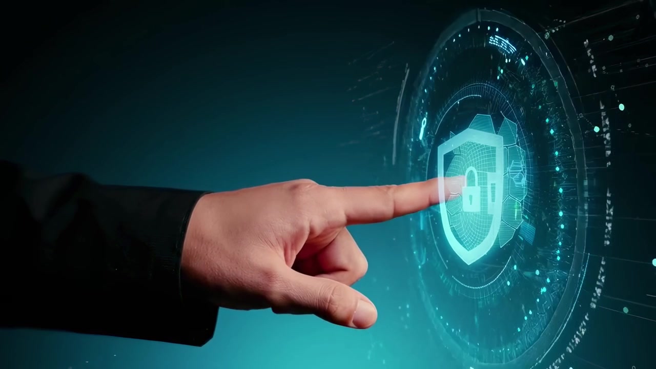 Businessman Interacting with Digital Cybersecurity Shield Interface