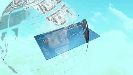 animation of globe formed with american dollar banknotes over credit card