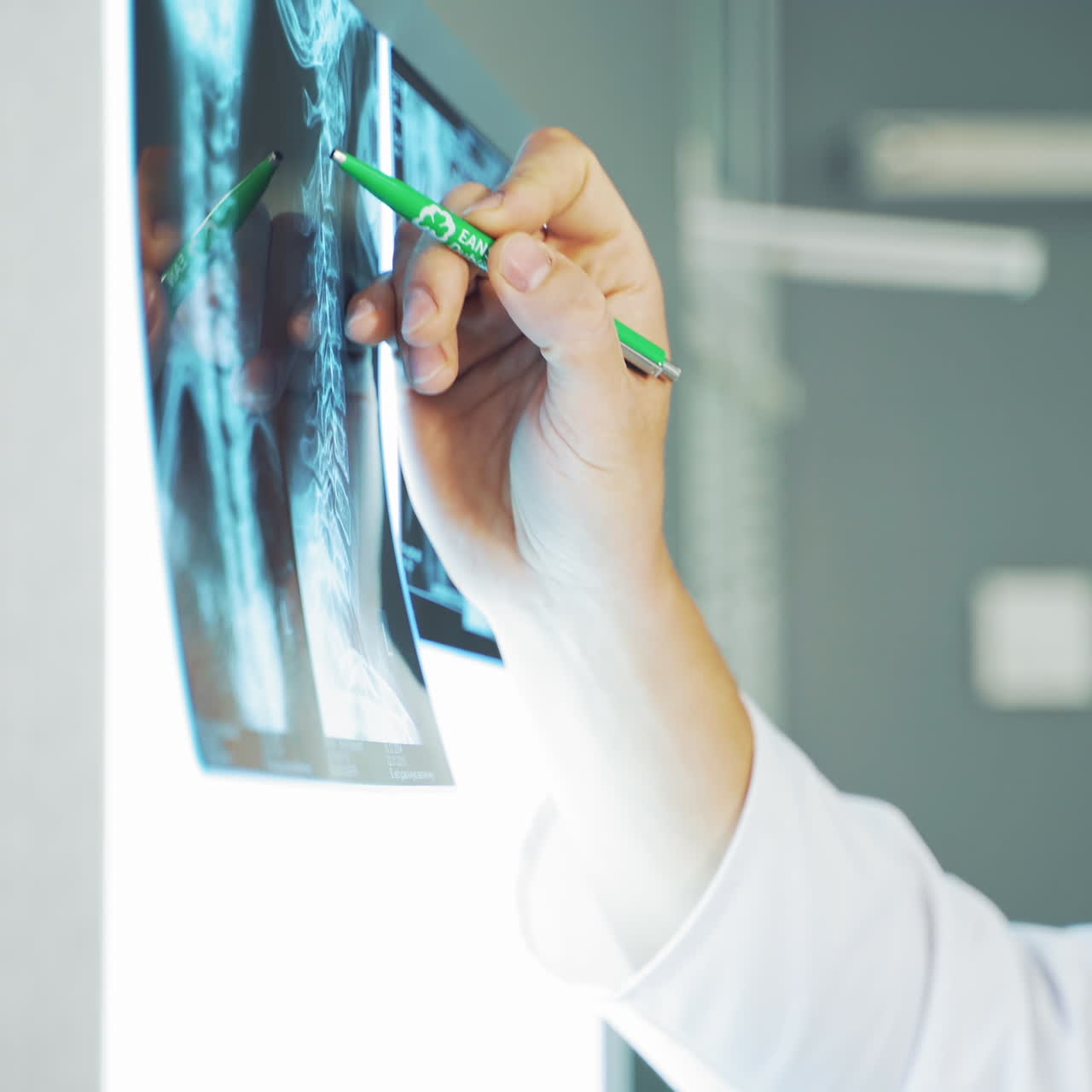 Male doctor is showing with a pen the problem area on the x-ray photography. Close-up of spinal tomography on the white screen.