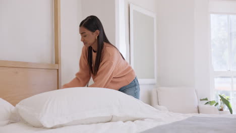 woman, making bed and cleaning in morning