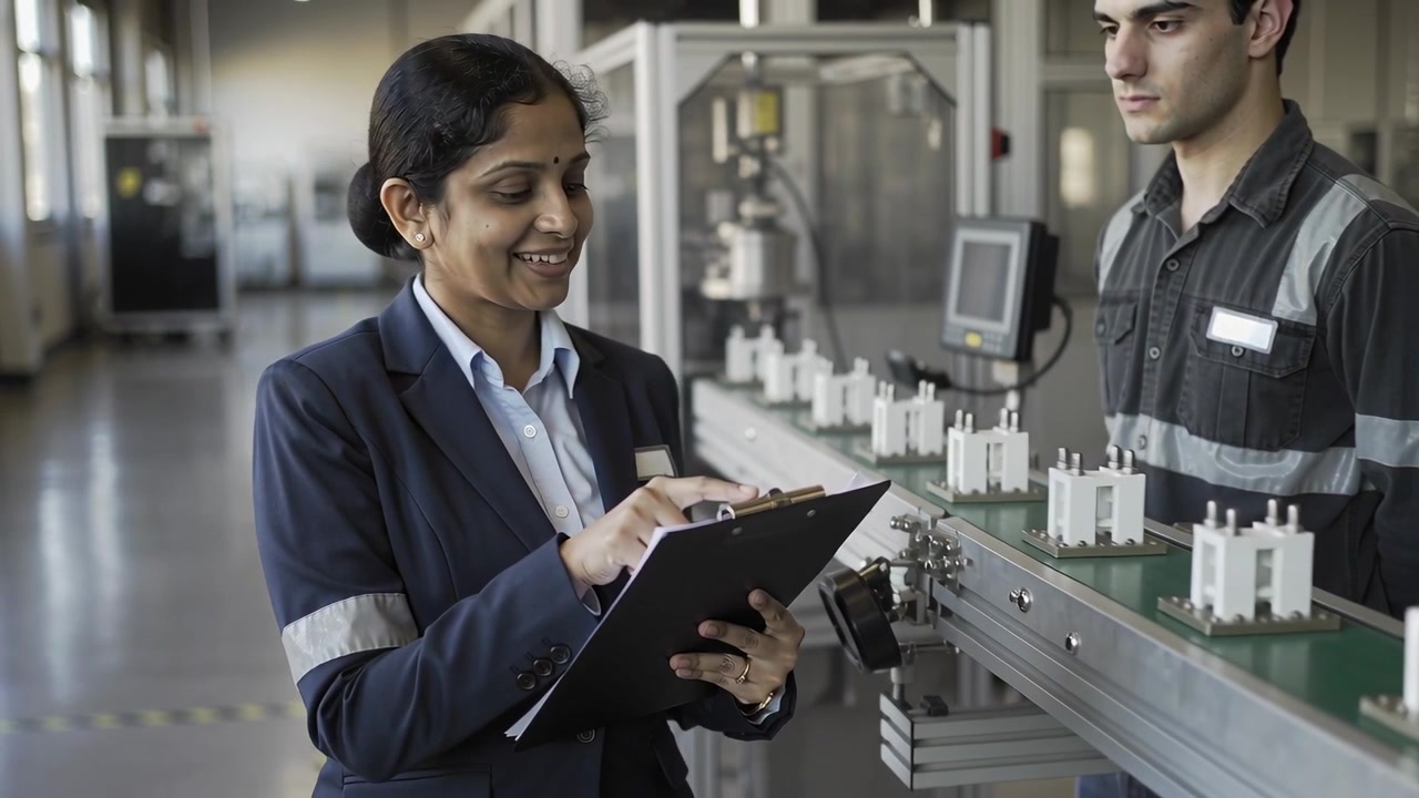 Reading inspector in navy blazer starting quality check at factory conveyor, writing on clipboard