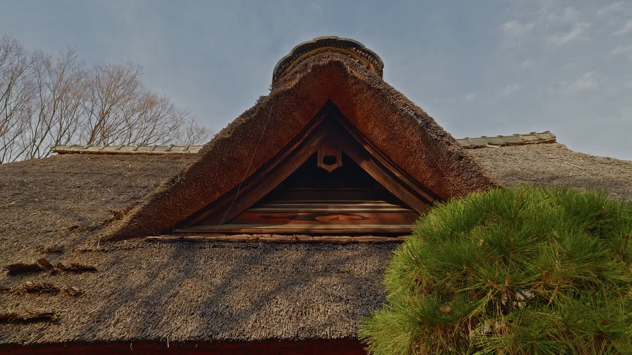 A detailed shot of a historic minka house's thatched roof, showing the triangular gable and wooden ventilation structure against a clear sky