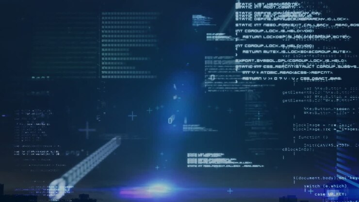 Animation von Computersprache und Binärcodes, die sich auf schwarzem Hintergrund bewegen