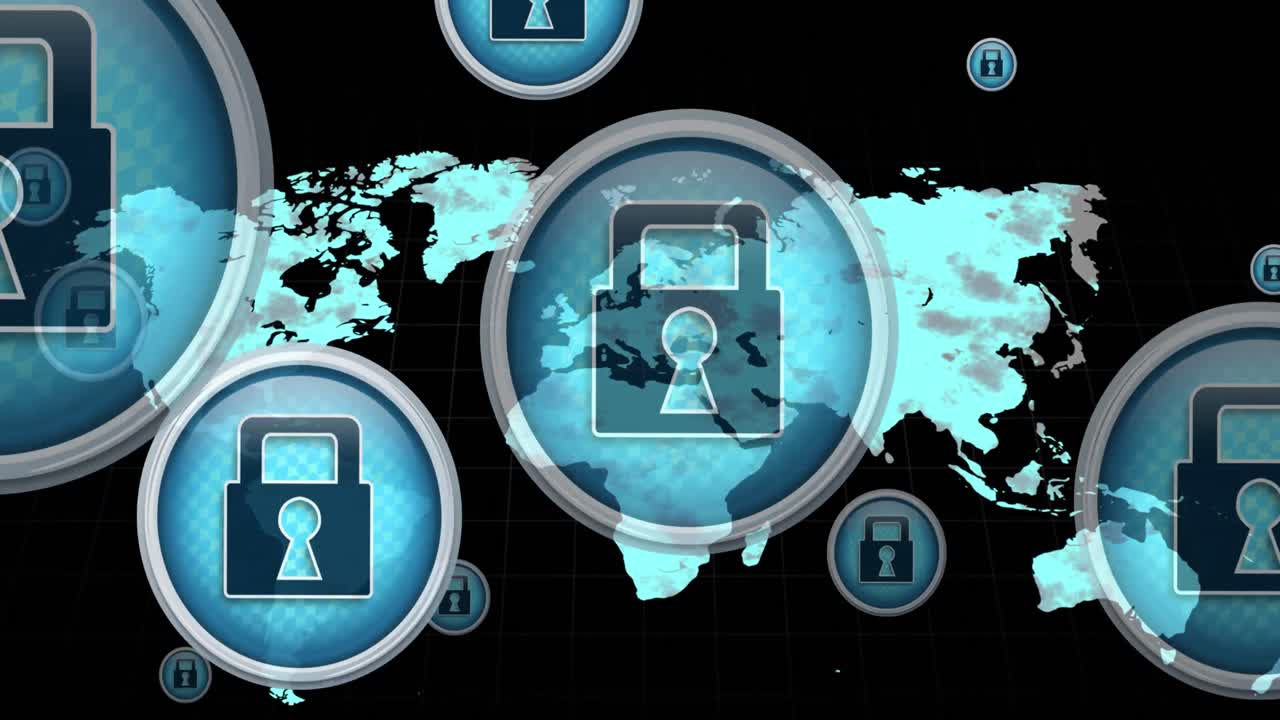 animación del mapa del mundo y los iconos de los medios en fondo negro